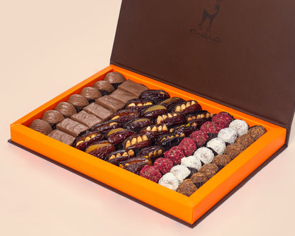 علبة مادلين الفاخرة من الشوكولاتة والتمر والمكسرات